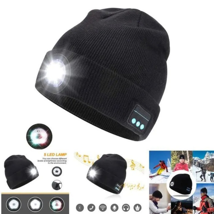 Caciula Bluetooth cu 5 LED-uri, moale, wireless, unisex