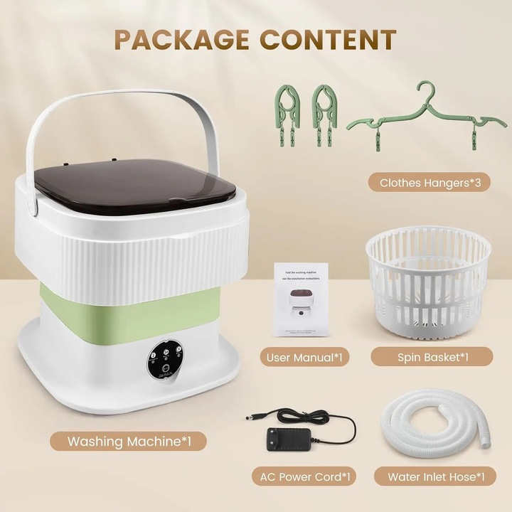 Masina de spalat mini portabila, pliabila cu centrifuga, 11 l, pentru sosete si lenjerie intima, ideala pentru calatorii, verde