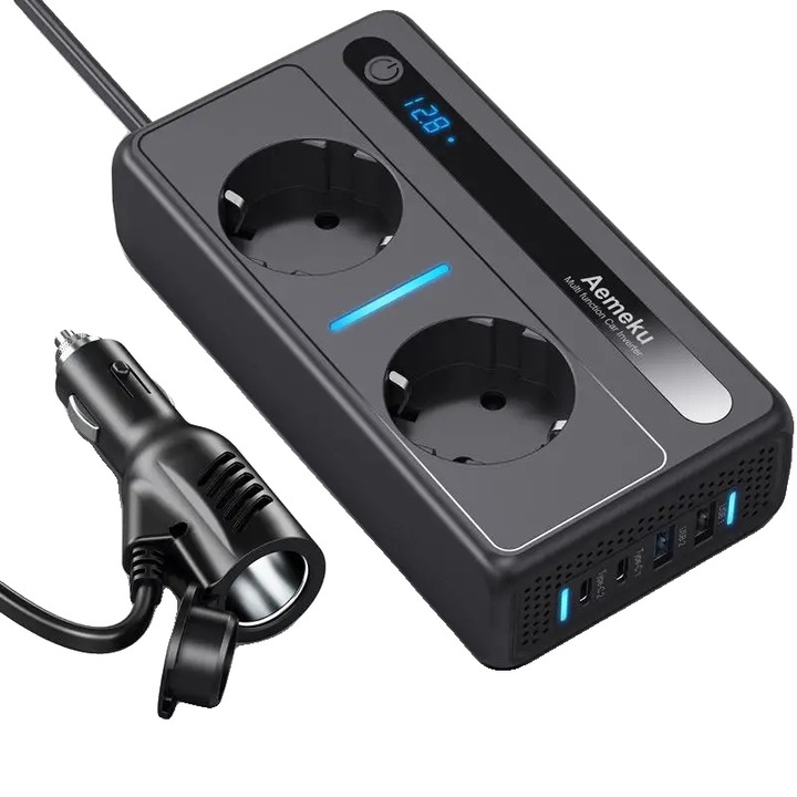 Autós inverter, multifunkcionális, digitális kijelző, fekete, 300W, 12V-220V
