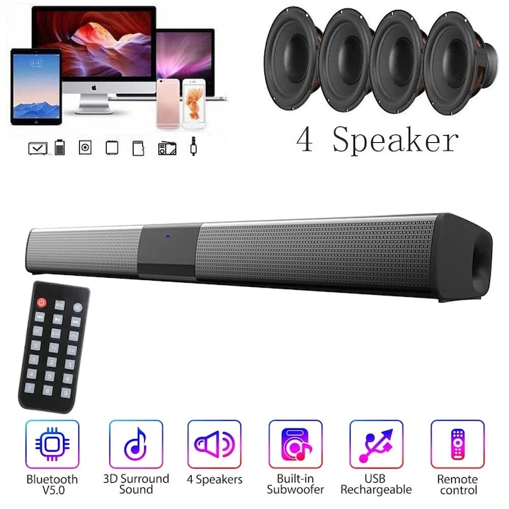 Boxa Bluetooth YANYXR Soundbar, bass, negru, 4x5W, 7.4V, 2000mAh, 30x5x7cm