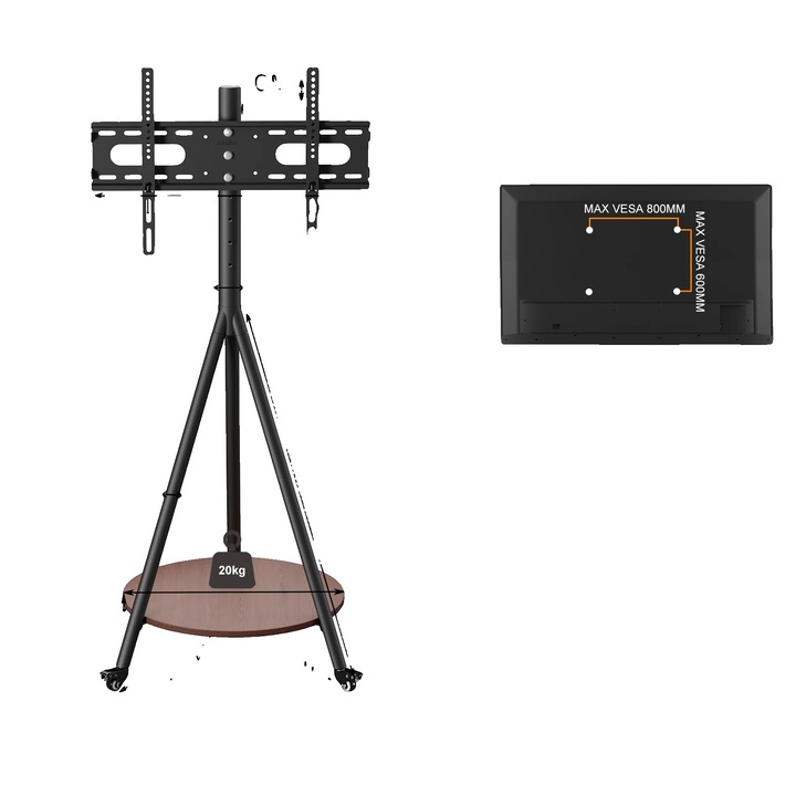 Suport TV podea, reglabil, negru, 155x175cm, 50kg capacitate