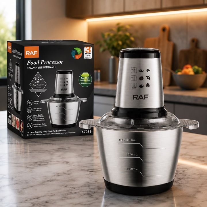 Tocator electric RAF R.7031, putere 1000 W, bol din inox 3 L, 4 lame ascutite din otel inoxidabil, 3 trepte de viteza, maruntire rapida pentru carne, legume, fructe si nuci, capac transparent, baza anti-alunecare, argintiu si negru, compact