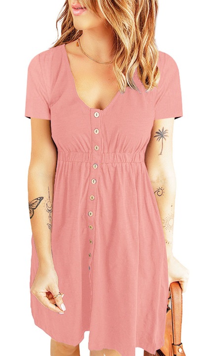 Rochie casual roz cu nasturi si decolteu in V din poliester, XXL INTL