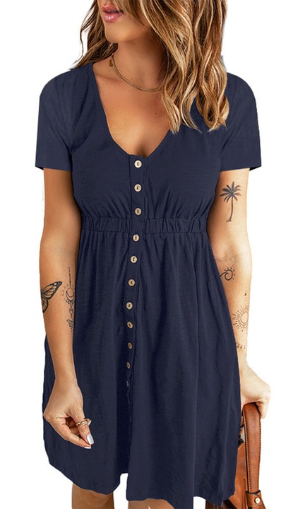 Rochie casual albastru midi cu decolteu in V si nasturi, din poliester, S INTL