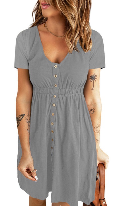 Rochie casual gri cu decolteu in V si nasturi, din poliester, M INTL
