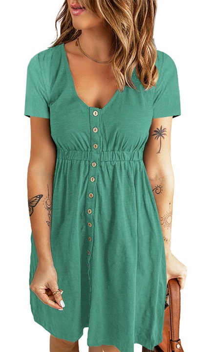 Rochie casual verde cu decolteu in V si nasturi, din poliester, S INTL