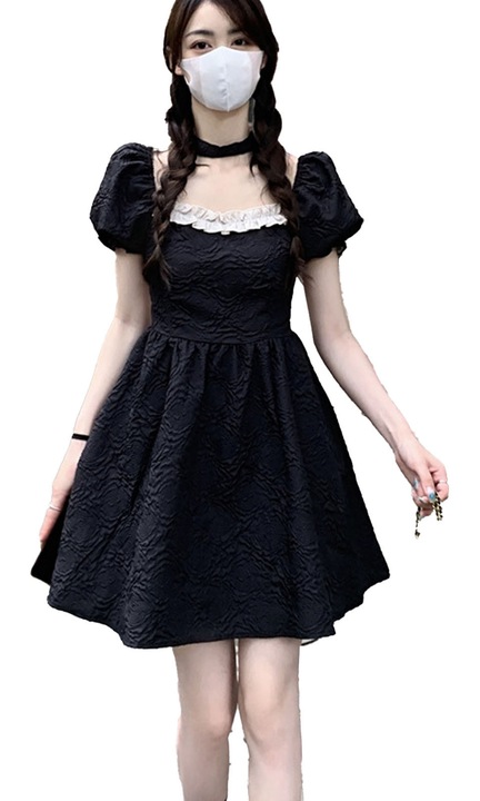 Rochie mini neagra maneci bufante poliester, L INTL