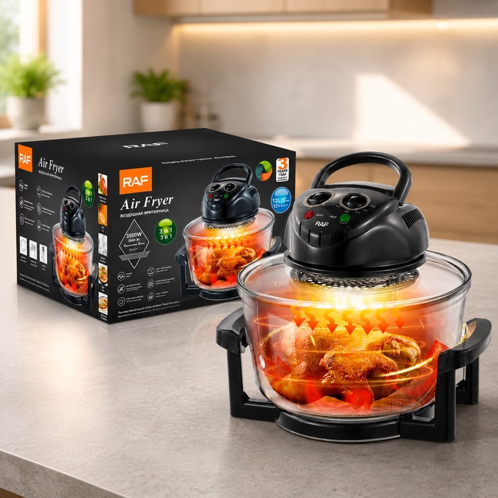 Friteuza cu aer cald RAF R.5302, 3500W, capacitate 12 L, cuptor cu halogen 3 in 1, bol din sticla termorezistenta, gatire prin convectie, temperatura reglabila, temporizator, coacere, prajire si rumenire, negru, accesorii incluse, uz casnic