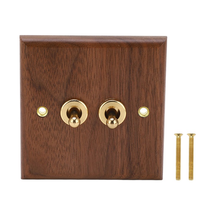 Comutator dublu toggle din lemn nuc si alama 86x88mm negru