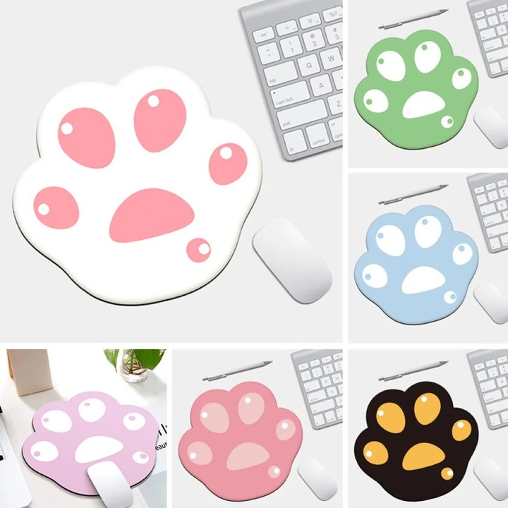 Mouse pad YANYXR BCS2944149 cu model laba de pisica, anti-alunecare, lavabil, cauciuc si material textil, alb/roz, 28 x 25.5 x 0.3 cm