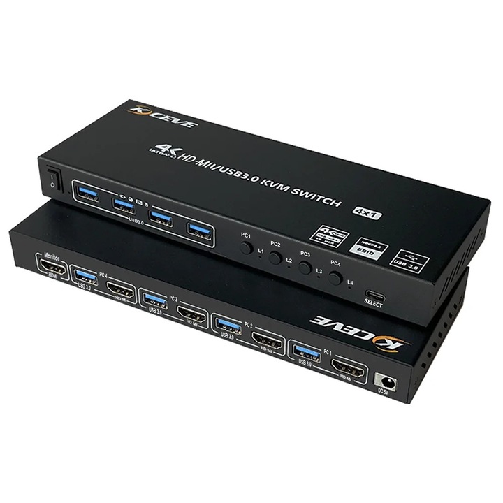 YANYXR KVM kapcsoló 4 portos USB 3.0 HDMI 4K 60Hz fekete