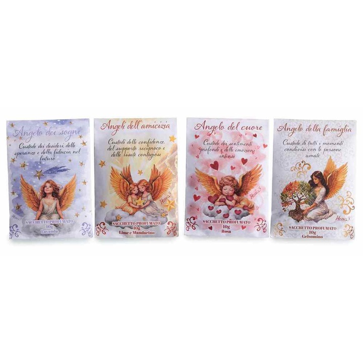 4 db illatosított tasak szett levendula, lime és mandarin, rózsa, jázmin illattal, 7 x 10 cm H