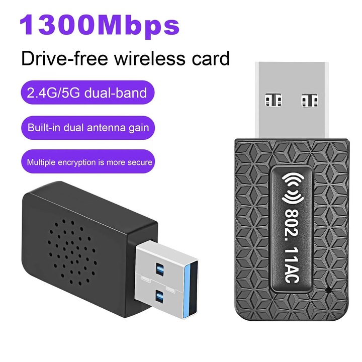 YANYXR kétsávos 1300Mbps USB vezeték nélküli hálózati kártya, fekete 4.2x1.9x0.9cm