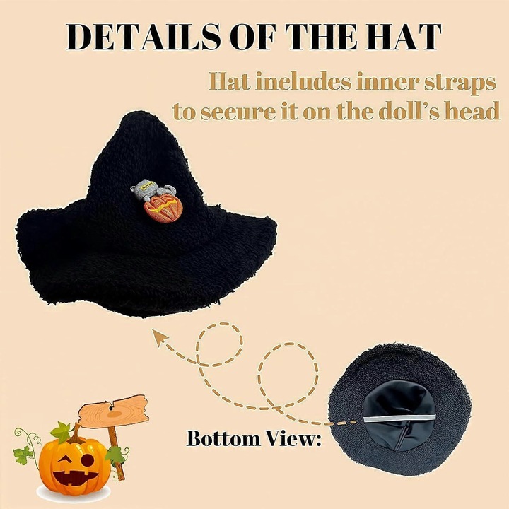 Set haine Halloween papusi 17cm, costum dovleac si palarie vrajitoare, portocaliu-negru
