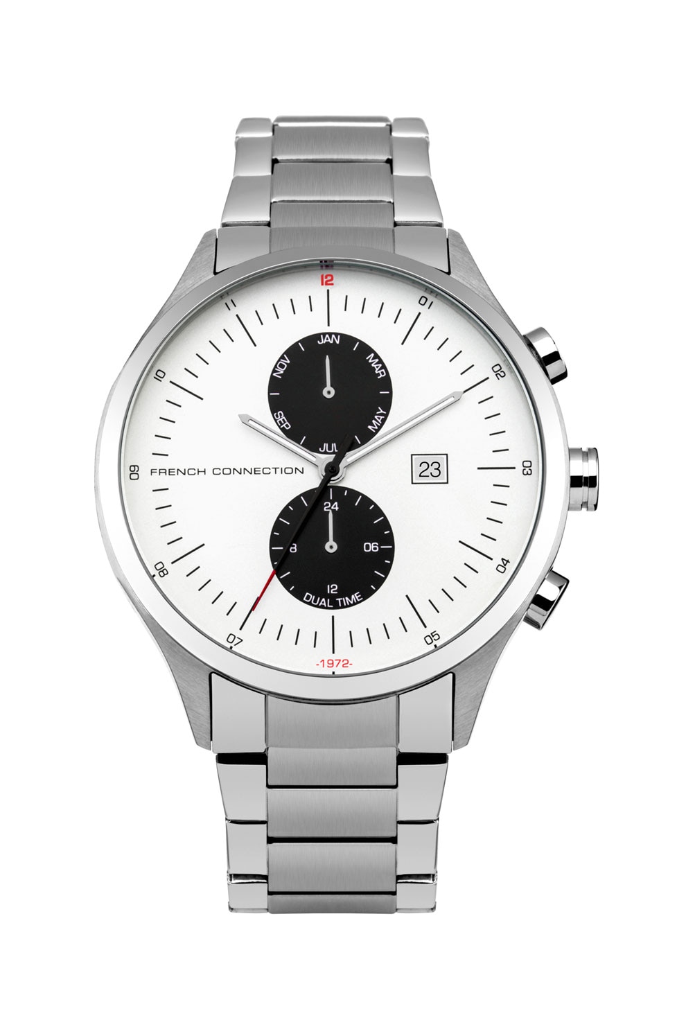 French Connection, Ceas quartz cu functii multiple si bratara metalica, Argintiu