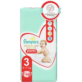 Scutece-chilotel Pampers Premium Care Pants Value Pack Marimea 3, 6-11 kg, 48 buc Scutece-chilotel Pampers Premium Care Pants Value Pack Marimea 3, 6-11 kg, 48 buc