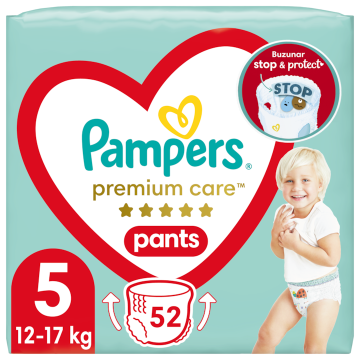 Scutece-chilotel Pampers Premium Care Pants Mega Box Marimea 5, 12-17 kg, 52 buc