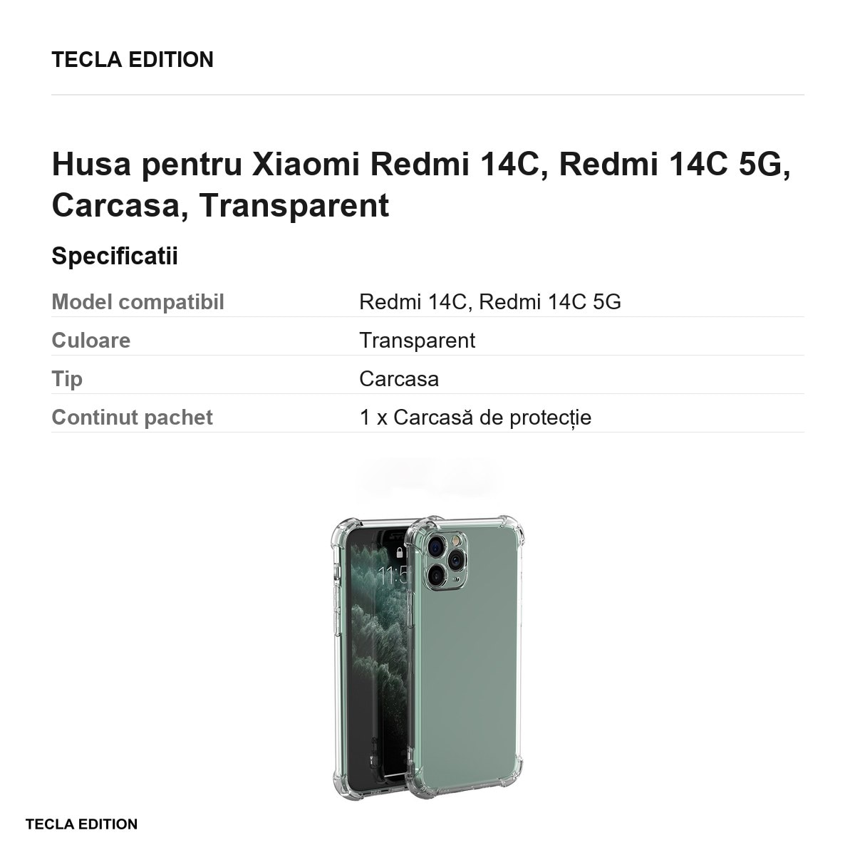 Husa Anti Shock 1, 5 mm pentru Xiaomi Redmi 14C, Redmi 14C 5G, Carcasa, Transparent