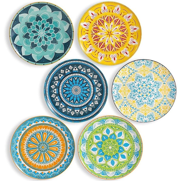 Carmdering kerámia tányérkészlet, mandala mintás, többszínű, O 25 cm, 6 darab, mosogatógépben mosható
