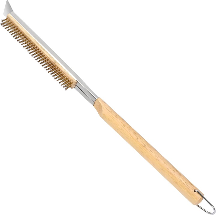 Carmdering EMAG-FP20260801-1608 pizzakő tisztító kefe, sárgaréz sörték, rozsdamentes acél kaparó, 53,3 cm fa nyél, natúr/metál
