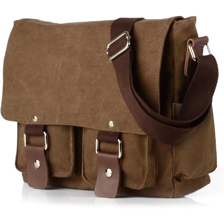 Carmdering, geanta messenger din panza cu aplicatii din piele PU, multiple buzunare, curea reglabila, inchidere magnetica, model EMAG-FP20260801-3207, maro, 37 x 15 x 26 cm
