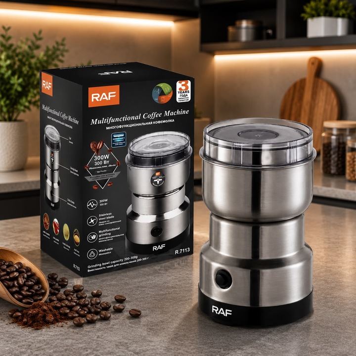 Rasnita electrica multifunctionala RAF R.7113, 300W, capacitate 200-300g, motor 38000 rpm, 4 lame din inox, bol detasabil si lavabil, macinare rapida pentru cafea, nuci, seminte, condimente si cereale, carcasa din otel inoxidabil, argintiu