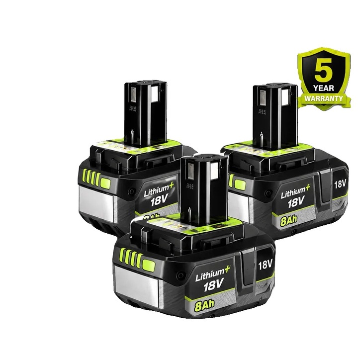 Set 3 acumulatori litiu-ion 18V 8.0Ah (8000 mAh), PN 8785371044441, compatibili cu scule electrice, negru/verde