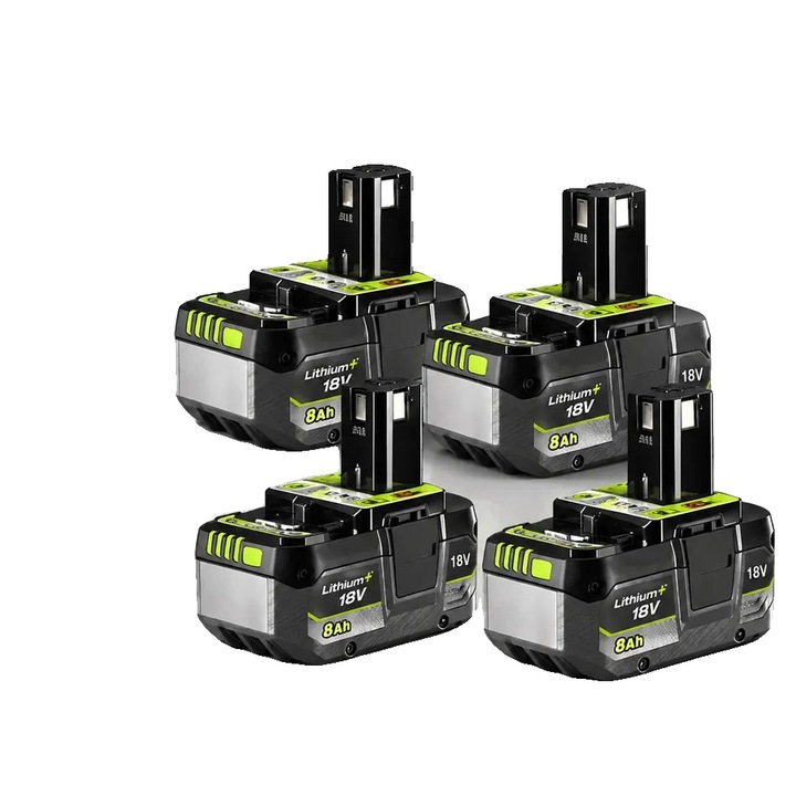 Set 4 acumulatori Li-Ion 18V 8Ah, model 8785371044885, compatibili cu scule electrice, negru/verde, 4 x 8000 mAh