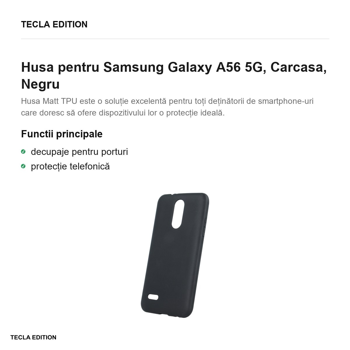 Husa Matt TPU pentru Samsung Galaxy A56 5G, Carcasa, Negru