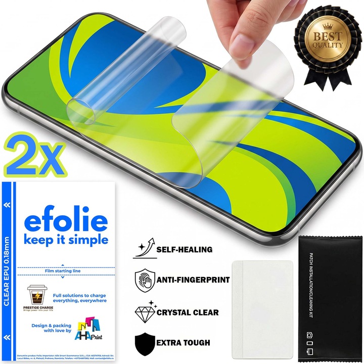 Комплект 2x Премиум Защитно Фолио за Предна Част, efolie®, Lava Iris 401, Прозрачно, Силикон EPU 0.18мм, Саморегенериращо се, Против Отпечатъци, Олеофобен Слой, HD Яснота, Защита от Удари и Драскотини, Лесен Бърз Монтаж, Включен Комплект за Инсталация