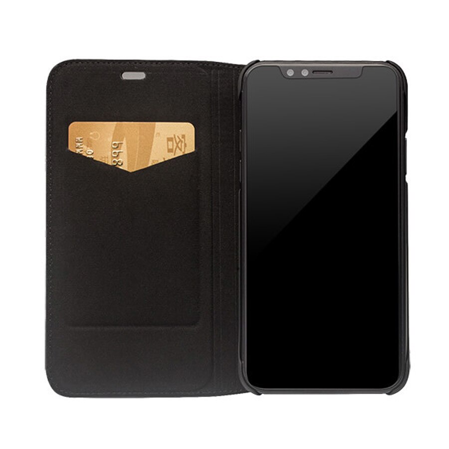 Husa piele naturala iPhone X, Flip Case, cu inchidere magnetica, model grila Qialino, Neagra