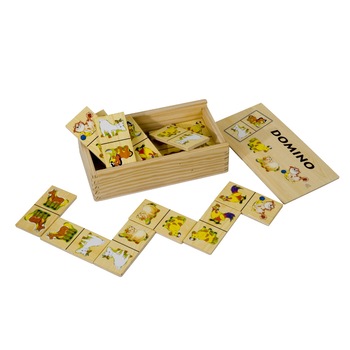 Joc Domino din lemn, Pino, Animalele de ferma, 28 de piese, intr-o cutie din lemn Joc Domino din lemn, Pino, Animalele de ferma, 28 de piese, intr-o cutie din lemn