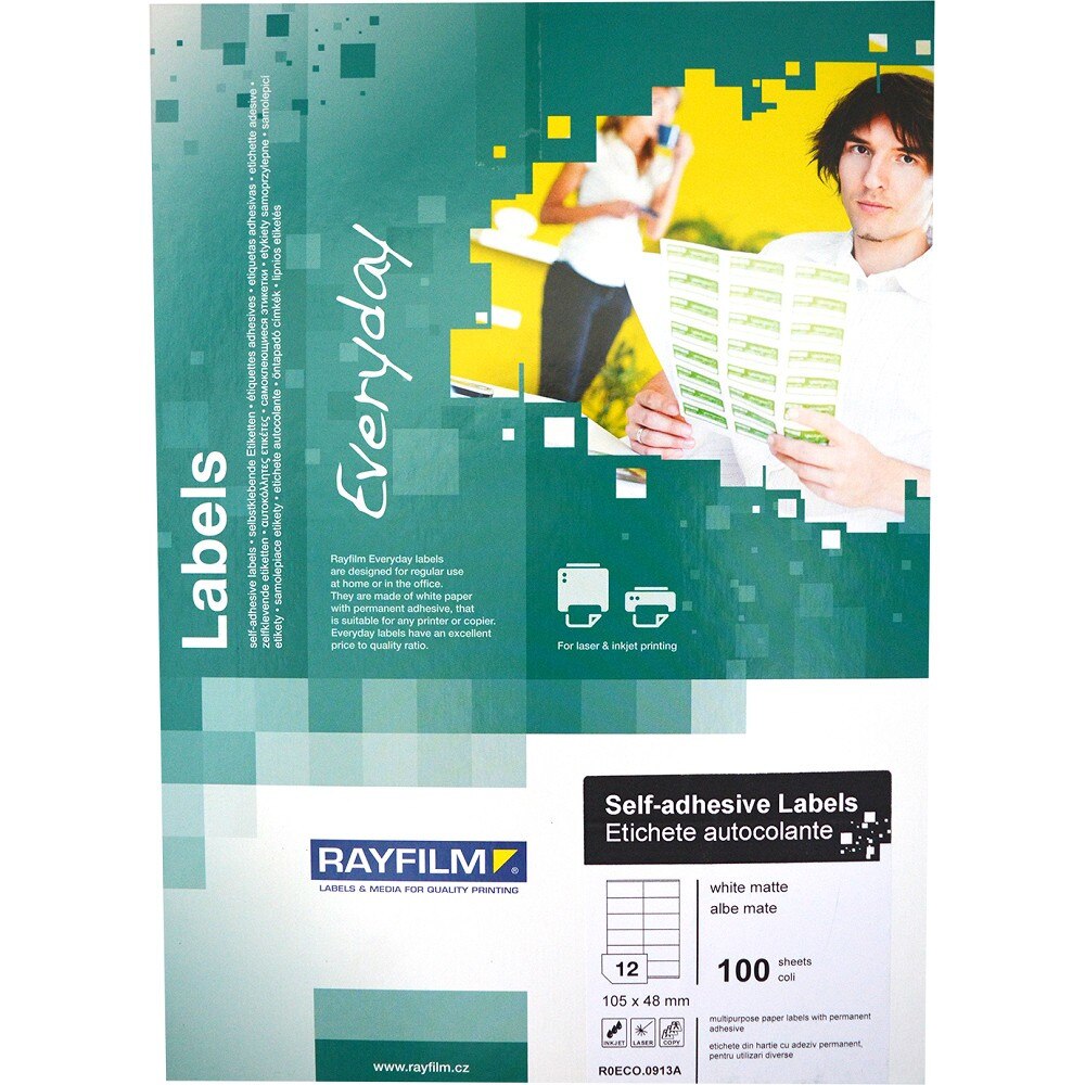 Etichete autoadezive, alb mat, de 105x48mm, 12buc/A4 100coli/top, Rayfilm