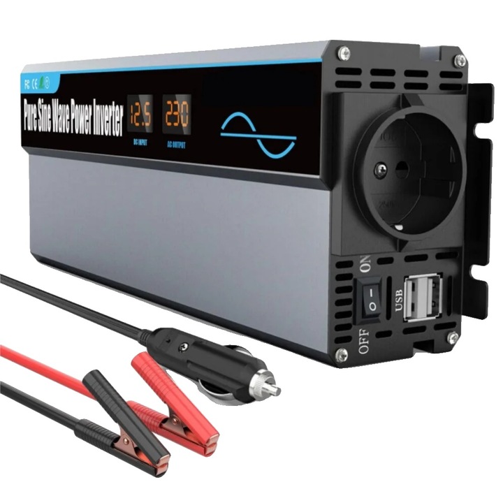 Autó inverter 1000W 2000W, 2 USB, szürke, kompakt
