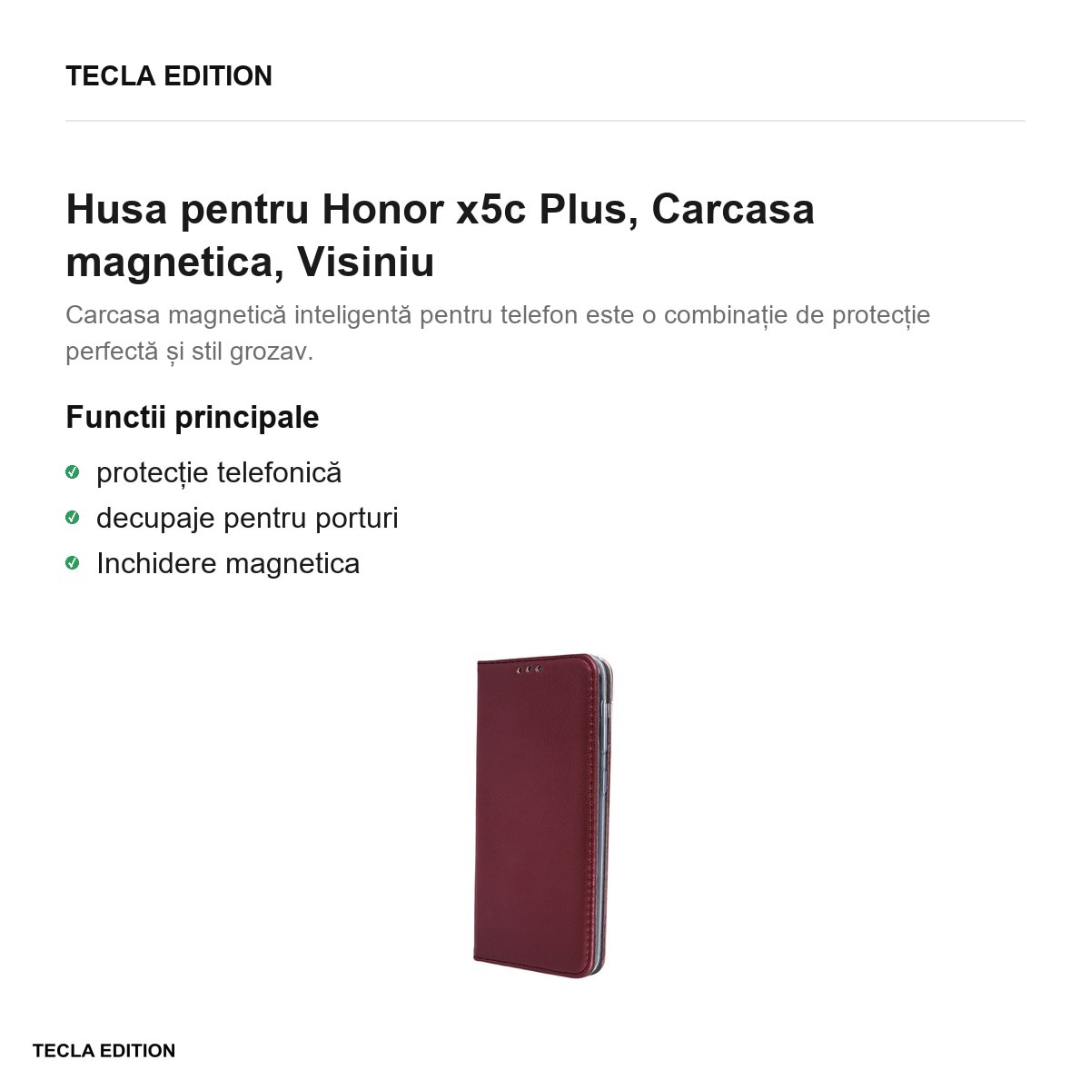 Husa Smart Magnetic pentru Honor x5c Plus, tip carte cu inchidere magnetica, Visiniu