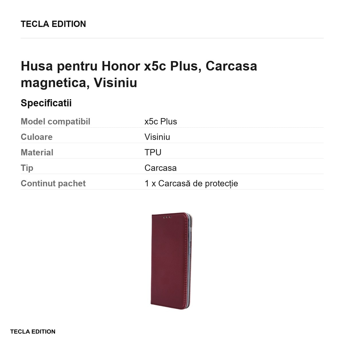 Husa Smart Magnetic pentru Honor x5c Plus, tip carte cu inchidere magnetica, Visiniu