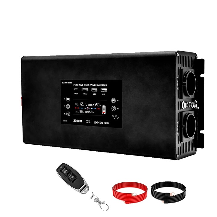 Autó inverter 2000W 12V tiszta szinuszos távirányító USB többszínű