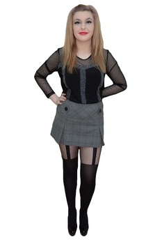 Fusta scurta cu model de carouri din fir lucios,D&J Exclusive,, Gri Fusta scurta cu model de carouri din fir lucios,D&J Exclusive,, Gri