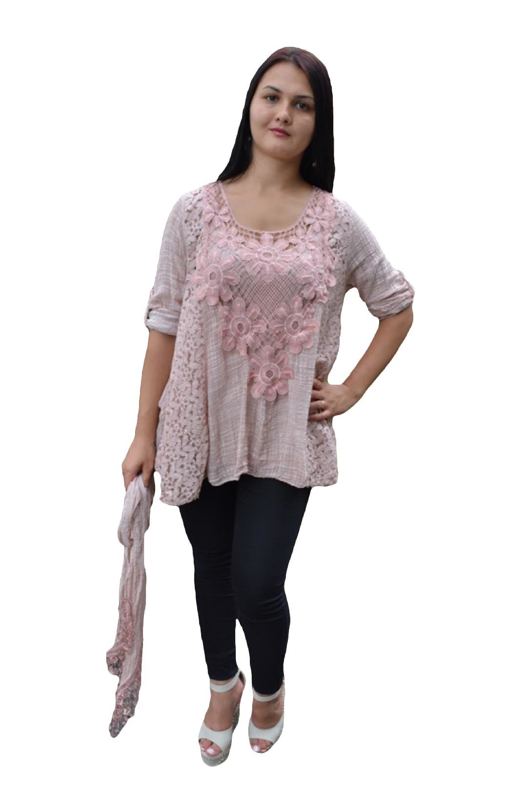 Bluza vaporoasa de vara, brodata, aspect creponat, D&J Exclusive, pudra