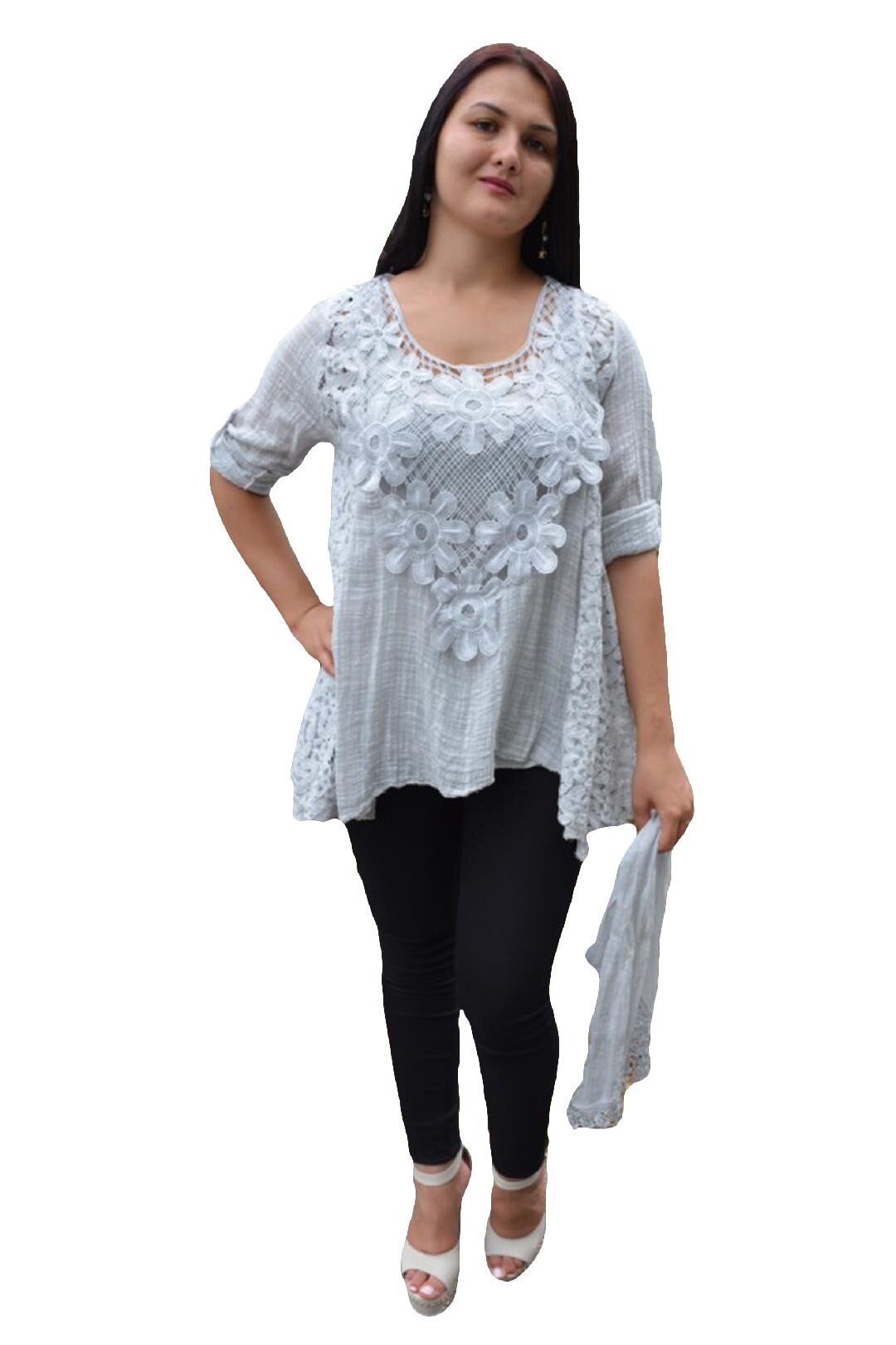 Bluza vaporoasa de vara, brodata, aspect creponat, D&J Exclusive, Gri