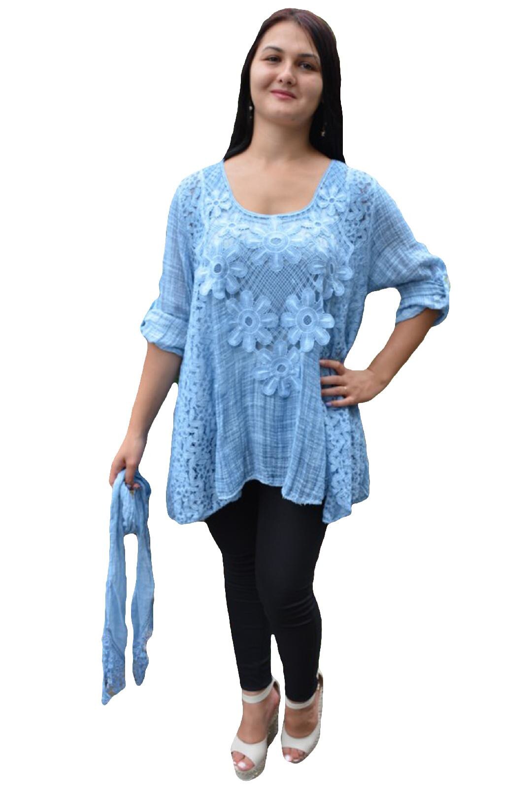 Bluza vaporoasa de vara, brodata, aspect creponat, D&J Exclusive, Albastru