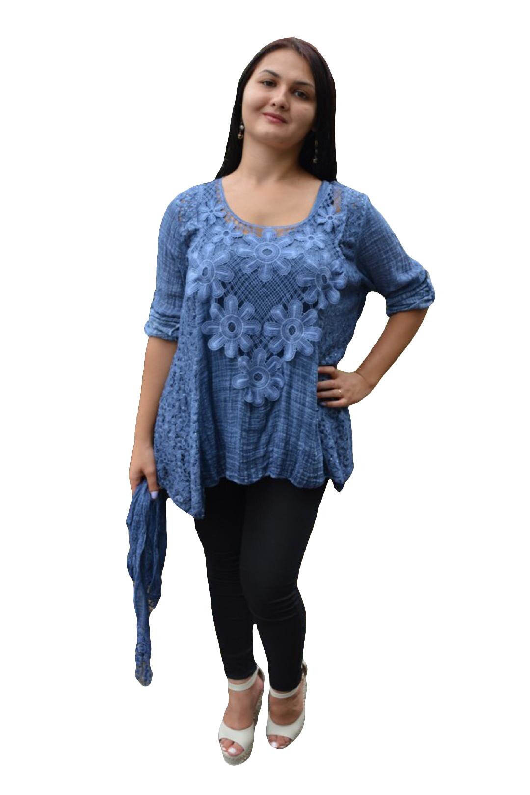 Bluza vaporoasa de vara, brodata, aspect creponat, D&J Exclusive, Albastru inchis