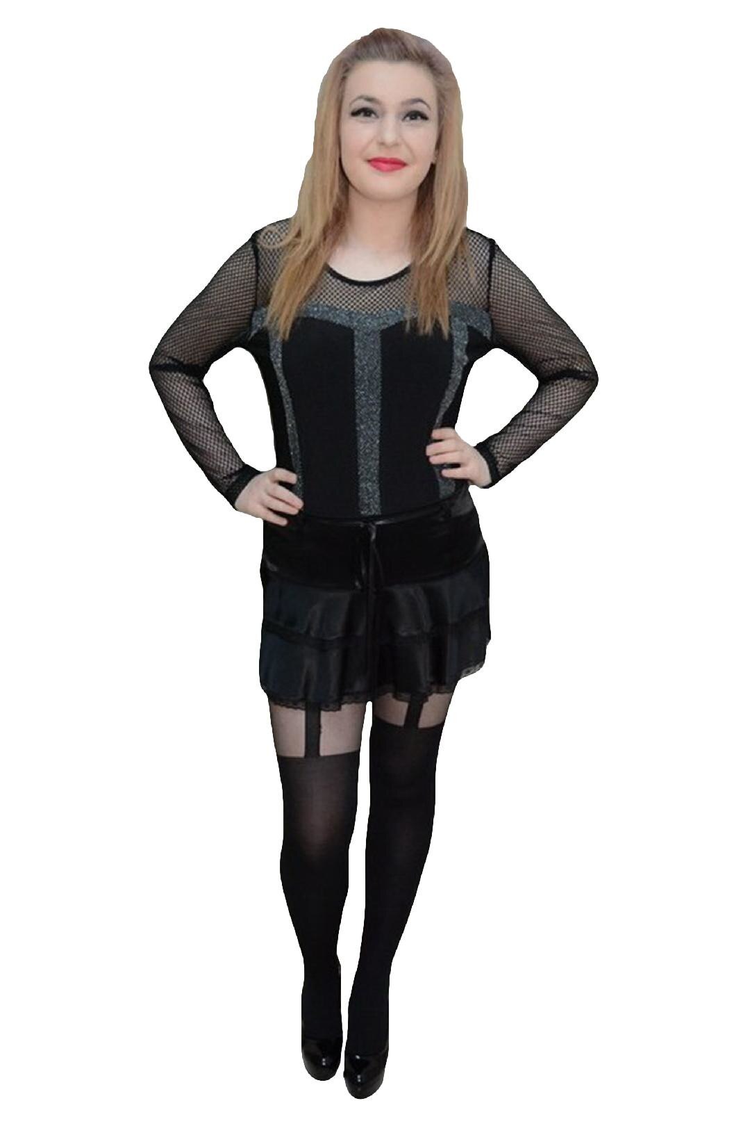 Fusta scurta din saten, volanase fine, D&J Exclusive, Negru