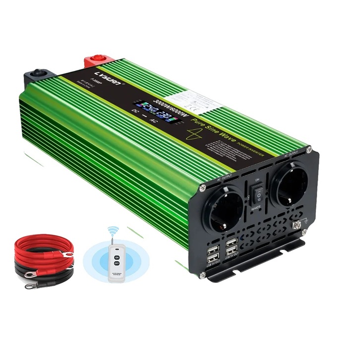 Inverter 24V 3000W-6000W, tiszta szinuszos, LCD kijelző, alumínium