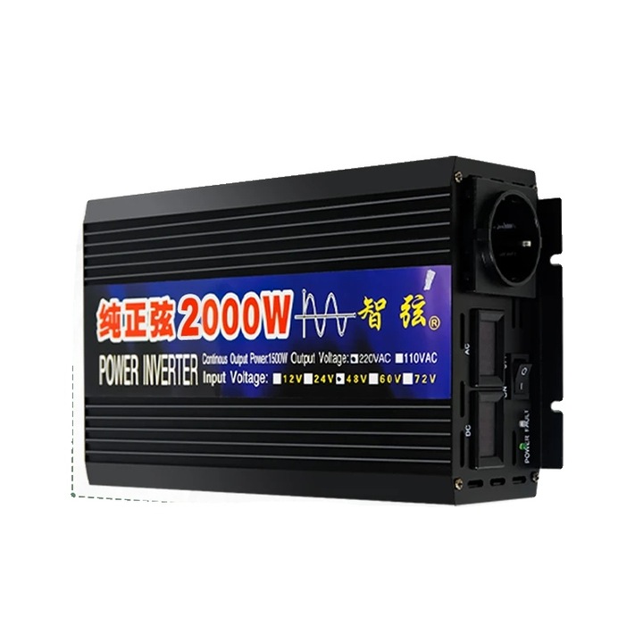 Inverter 2000W 12V 220V tiszta szinuszos hullám 27x15x7.5cm