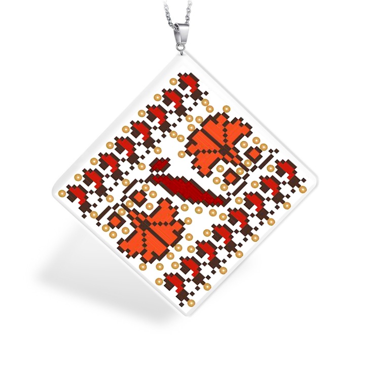 Pandantiv GANELLI din ceramica cu Motive nationale romanesti din Muntenia model 1, Rosu/Alb/Negru, 3 x 3 cm