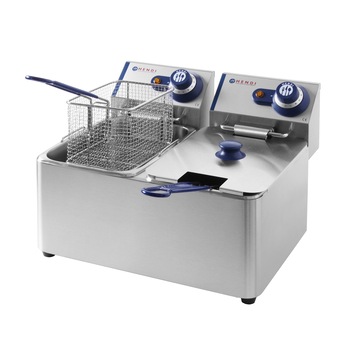 Friteuza Hendi Blue Line, 2x3000 W, 2x4 L, Temperatura reglabila pana la 190 °C, Termostat, Argintiu Friteuza Hendi Blue Line, 2x3000 W, 2x4 L, Temperatura reglabila pana la 190 °C, Termostat, Argintiu
