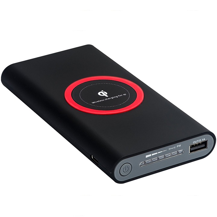 Külső akkumulátor Qi PowerBank, 10000mAh, vezeték nélküli töltés QuickCharge 3.0, USB - Type C, MicroUSB, USB 2.1A, LED kijelzők, fekete-piros