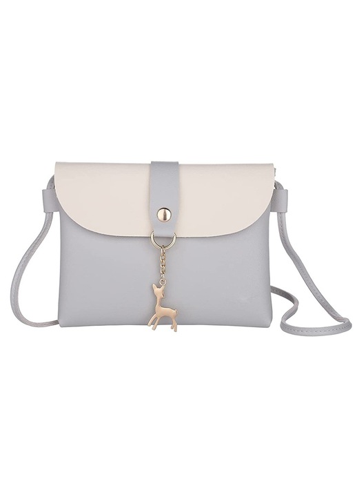 Geanta crossbody mica YANYXR, piele PU, pandantiv metalic, gri, 15x20cm