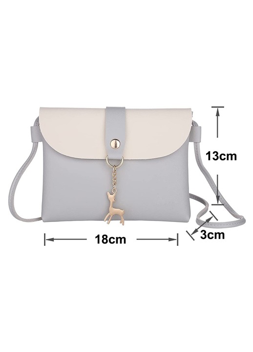 Geanta crossbody mica YANYXR, piele PU, pandantiv metalic, gri, 15x20cm